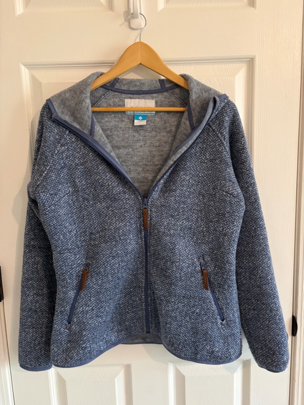 Columbia Hooded Full Zip Fleece Jacket Blue Heather Knit Cozy Outdoor Women’s L